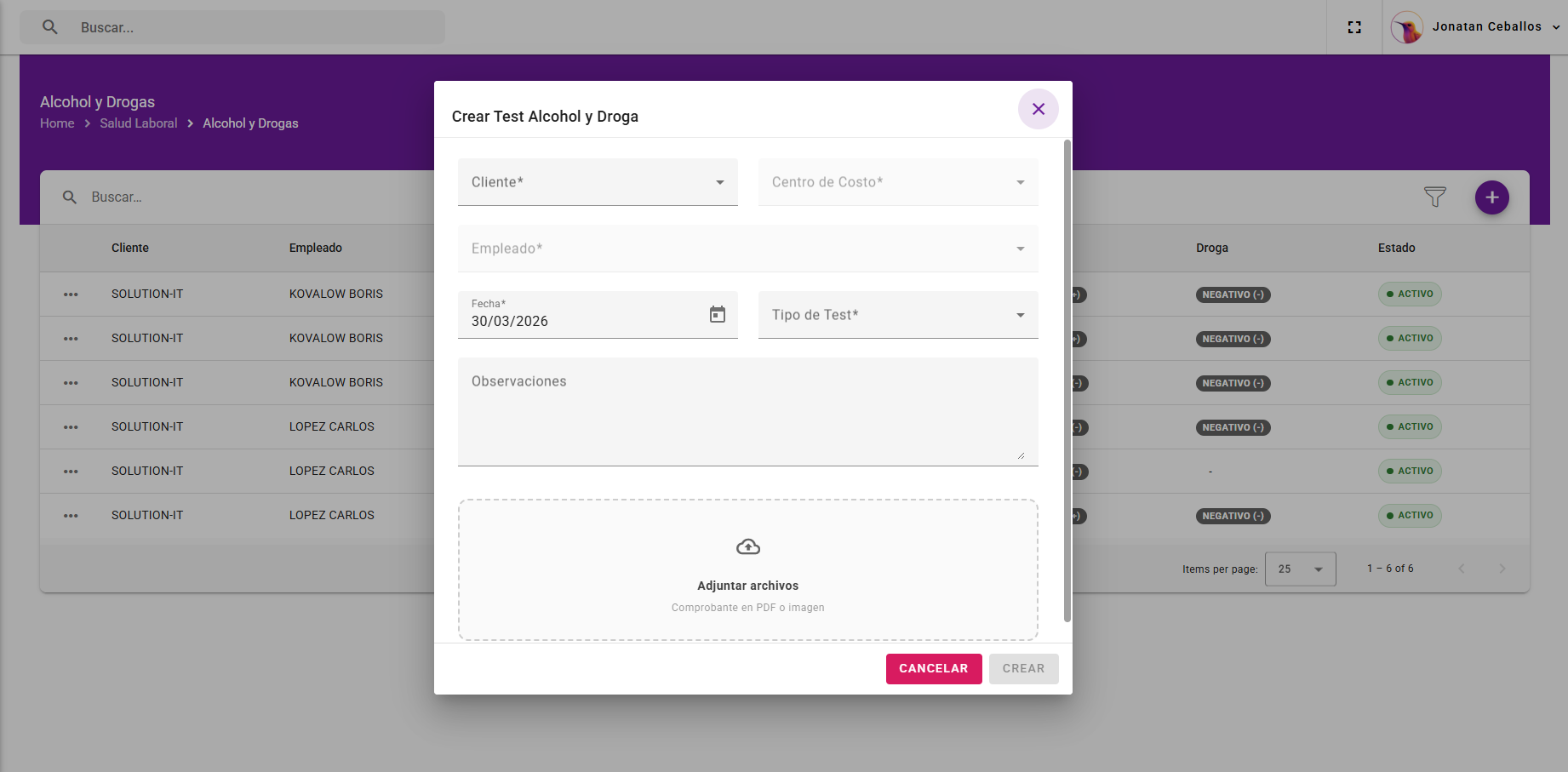 Vista del módulo Salud laboral