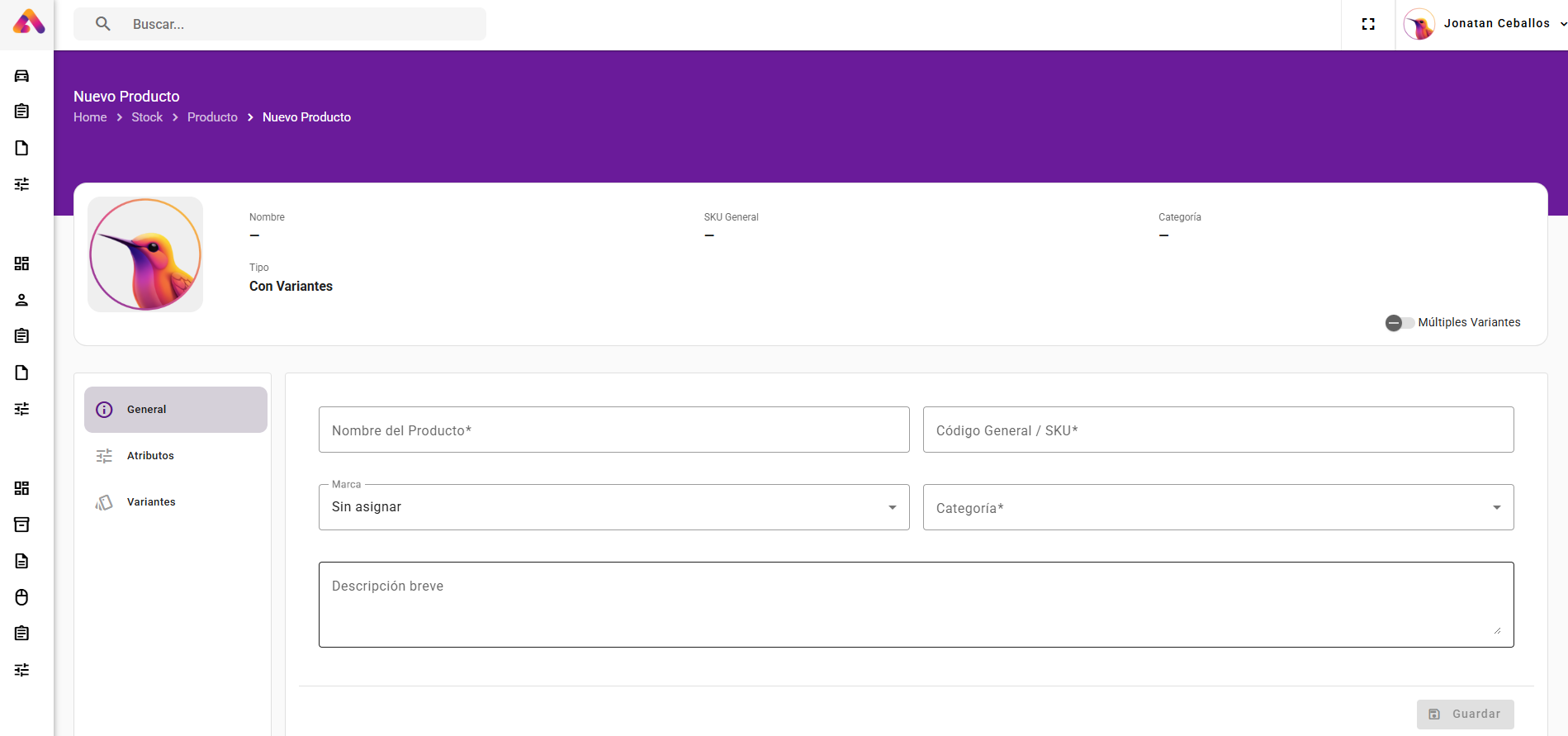 Vista del módulo Stock / Inventario